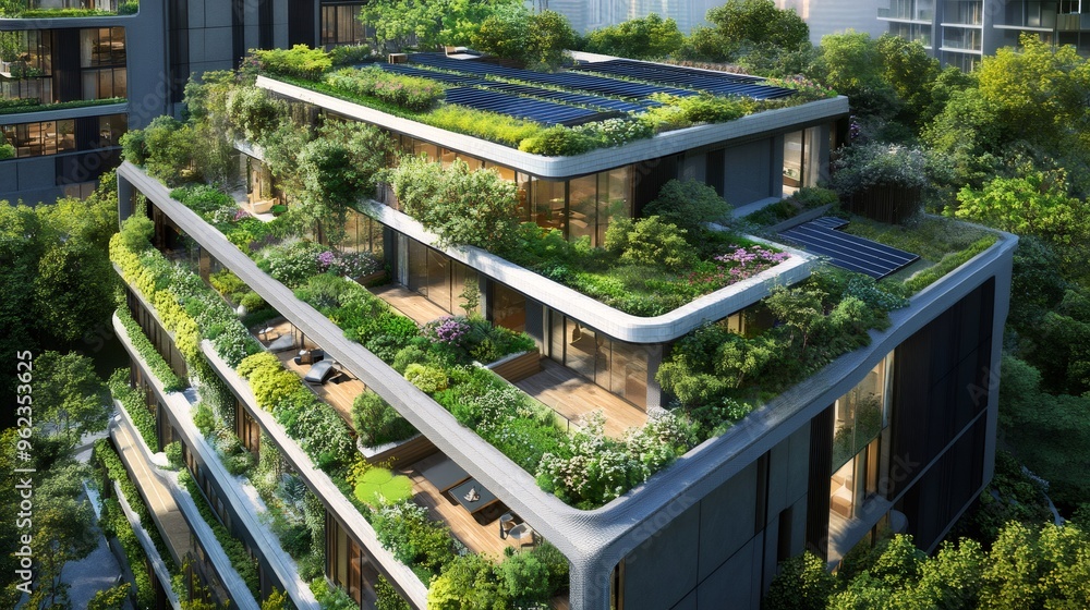 A modern apartment building with green roofs, balconies, and solar panels. A modern apartment building with green roofs, balconies, and solar panels.