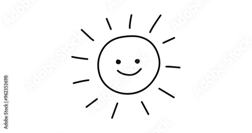 Sun graphic line hand drawn doodle animated. Abstract decorative sketch happy sunshine. Children painting. Video 4K motion loop animation on white background
