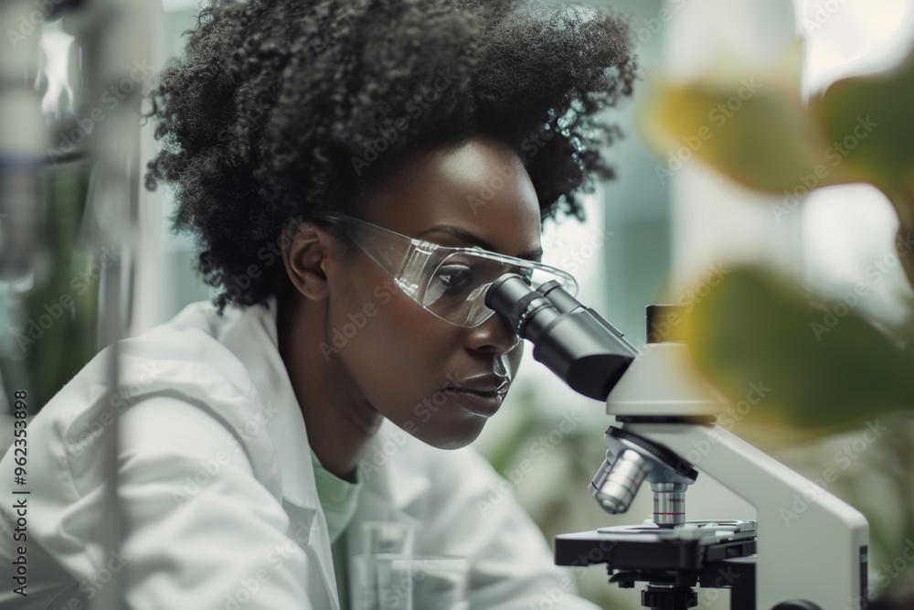 Black female scientist analyzing samples through microscope in a modern laboratory setting Black female scientist analyzing samples through microscope in a modern laboratory setting