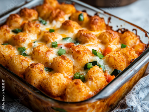 Close-up of crispy Minnesota tater tots topped hotdish with melted cheese and vegetables photo