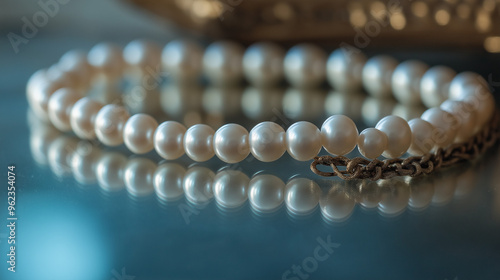 Luxury pearl necklace on a mirror surface