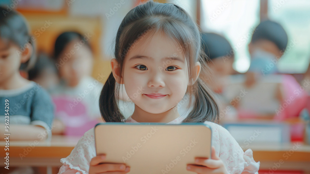 Happy Asian girl using tablet in class. Happy Asian girl using tablet in class.