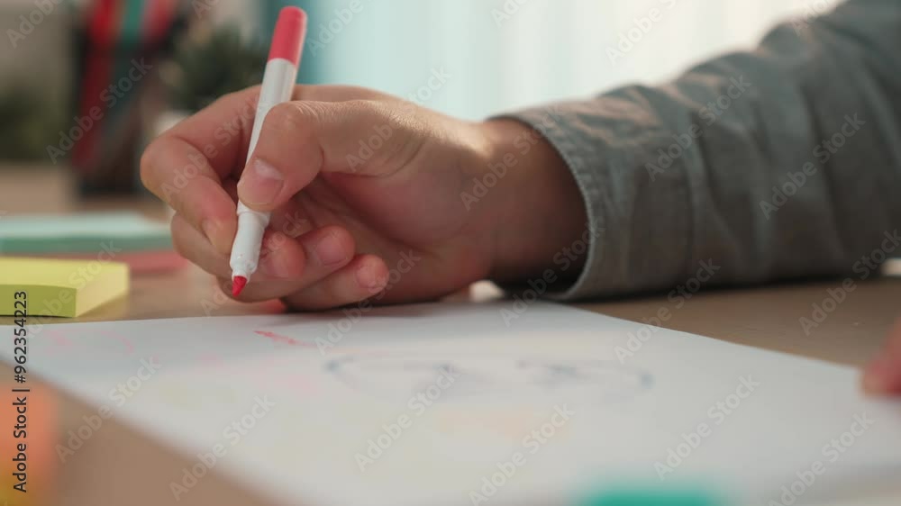 Slow motion hand closeup startup employee brainstorming strategic marketing plan and making mind map with colorful sticky notes placed on office table at meeting room. Variegated Slow motion hand closeup startup employee brainstorming strategic marketing plan and making mind map with colorful sticky notes placed on office table at meeting room. Variegated