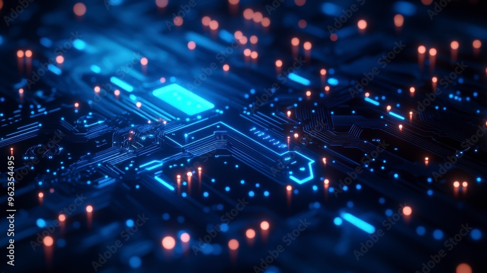 Futuristic Digital Network Circuit Board in Blue and Black Futuristic Digital Network Circuit Board in Blue and Black