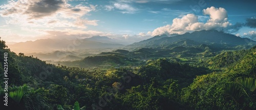 Fototapeta Naklejka Na Ścianę i Meble -  Lush Green Mountains with Cloudy Sky at Sunset