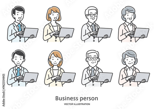 パソコンを操作する老若男女の会社員のイラストセット