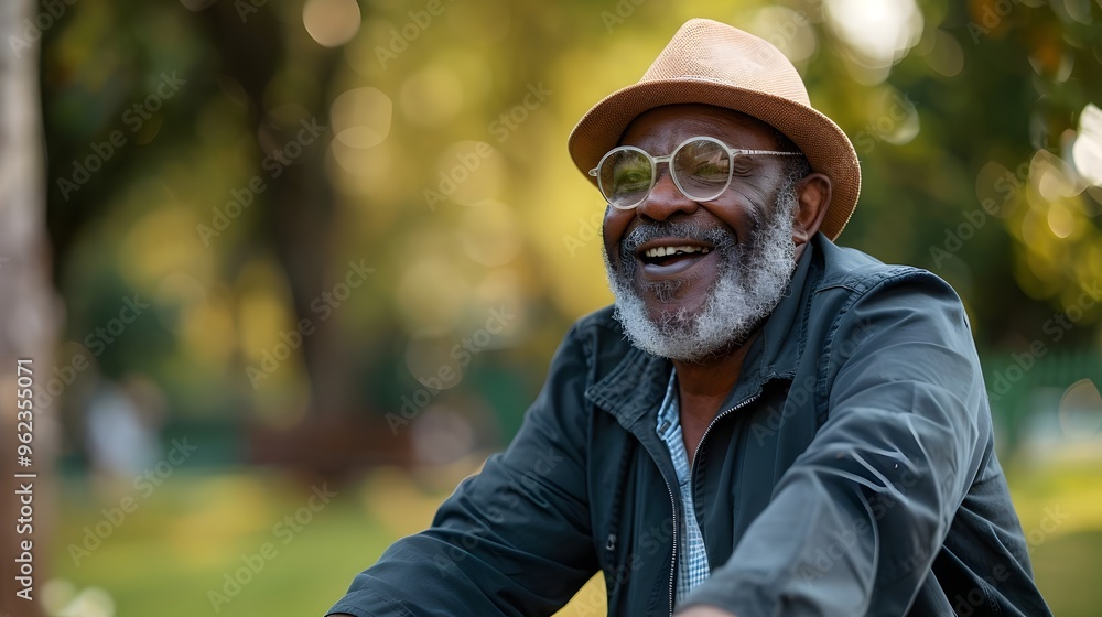 Obraz premium Joyful Elderly Man Smiling Outdoors Wearing Hat Glasses Enjoying Nature | AI Generated
