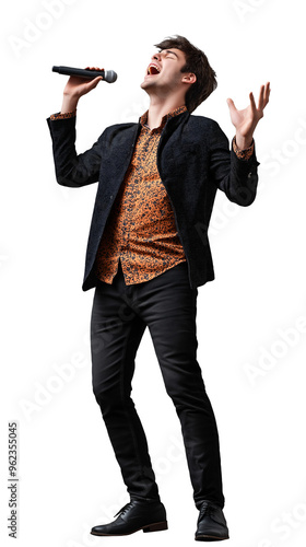 Male broadway singer. Cut out, white background, png. Man in modern clothes sings with microphone, musical, rehearsal, show.