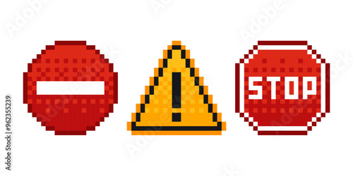 pixel art warning signs, 8 bit retro style. Danger sign attention pixel icons. Vector illustration