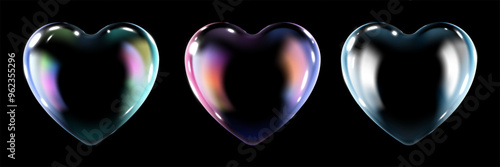 set of glass transparent hearts in different colors, realistic soap bubble in the shape of a heart, glare, light and sparkles, isolated on black background. vector illustration