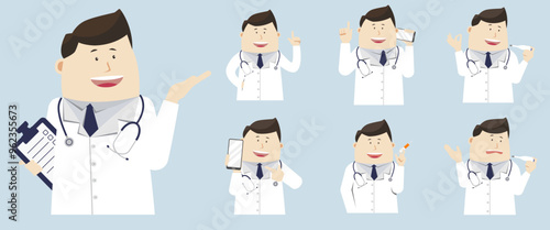 A set of cartoon doctor images in various poses for use in graphic design projects