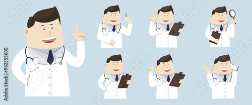 A set of cartoon doctor images in various poses for use in graphic design projects