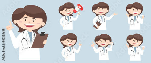 A set of cartoon doctor images in various poses for use in graphic design projects