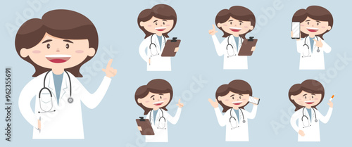 A set of cartoon doctor images in various poses for use in graphic design projects