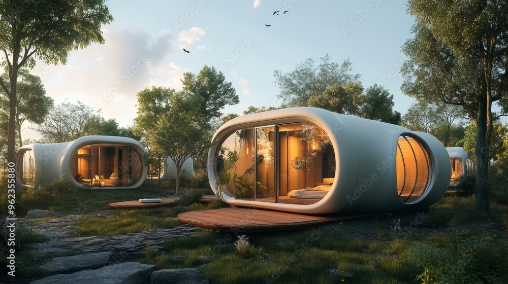 A row of modern, oval-shaped houses with large windows are set in a lush green forest. A row of modern, oval-shaped houses with large windows are set in a lush green forest.