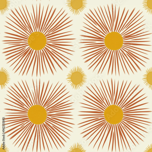 Retro starburst style mid century modern seamless pattern, orange and ivory color tones