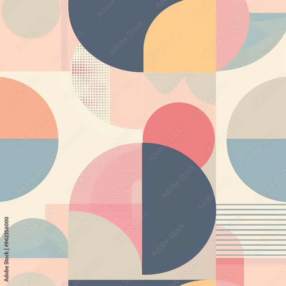 A complex abstract composition featuring a mix of geometric shapes, including circles and semi-circles, in soft pastel colors. This modern and artistic design is ideal for creative and visually A complex abstract composition featuring a mix of geometric shapes, including circles and semi-circles, in soft pastel colors. This modern and artistic design is ideal for creative and visually