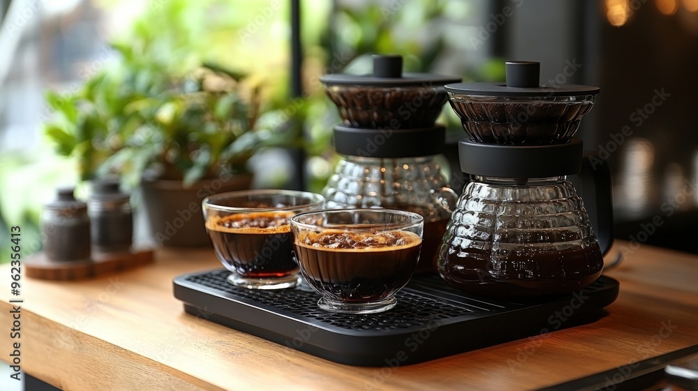 Two cups of freshly brewed coffee on a wooden table with a glass coffee pot and a filter. Two cups of freshly brewed coffee on a wooden table with a glass coffee pot and a filter.