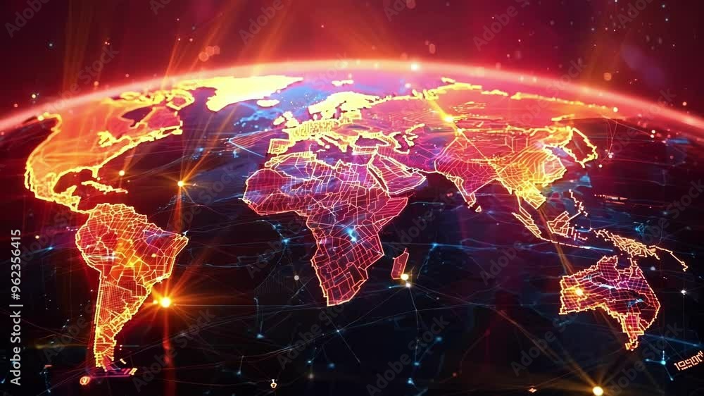 Abstract digital world map is connecting global finance with lines and dots representing data exchange and technological advancements Abstract digital world map is connecting global finance with lines and dots representing data exchange and technological advancements
