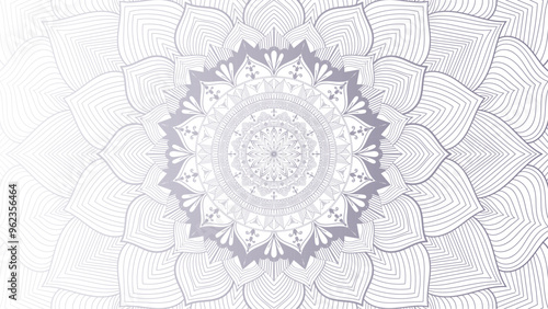 Round mandala on dreamy peach fuzz gradient background. Translucent mesh pattern in the form of a mandala. Mandala with floral patterns. Pastel Yoga template. Gradient background with round mandala