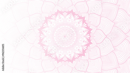 Round mandala on dreamy peach fuzz gradient background. Translucent mesh pattern in the form of a mandala. Mandala with floral patterns. Pastel Yoga template. Gradient background with round mandala