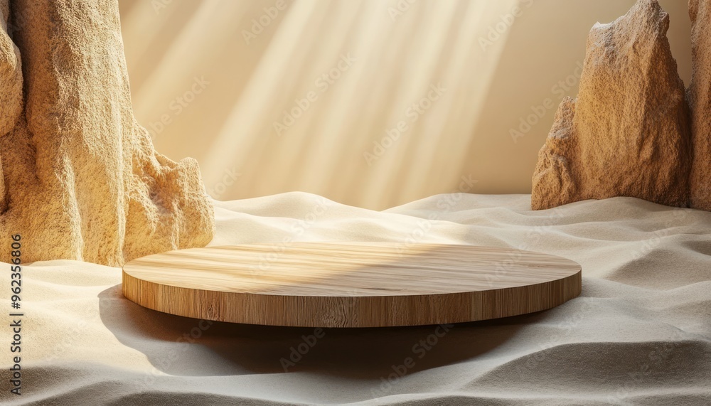 Wooden Platform in Sandy Desert with Sunbeams Wooden Platform in Sandy Desert with Sunbeams