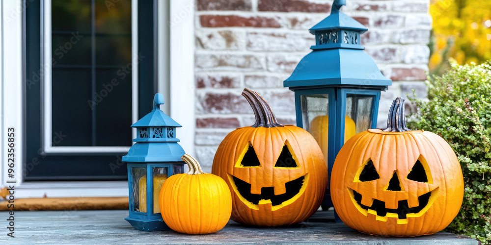 Obraz premium Front porch halloween decor. Festive exterior of a country house with pumpkins and lanterns