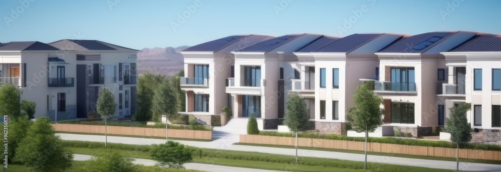 Modern townhouses with solar panels in a green suburban neighborhood Modern townhouses with solar panels in a green suburban neighborhood