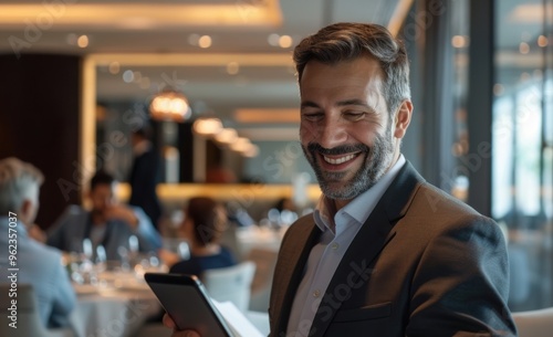 happy businessman, dressed in a business suit, exudes joy as he plans strategy with focused attention on the laptop screen in the modern office.