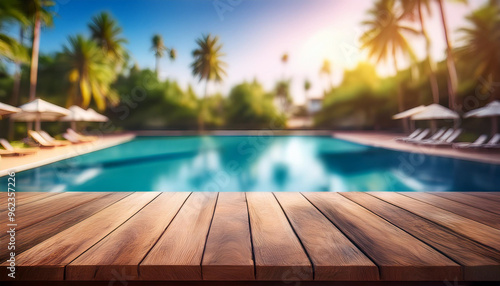 Wooden table pool bokeh background, empty wood desk product display mockup with blurry tropical hotel resort abstract poolside summer travel backdrop advertising presentation. Mock up, copy space.