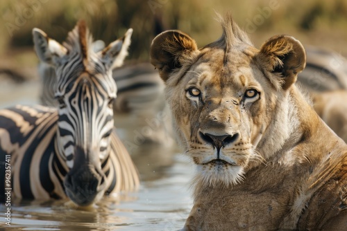 a lion and zebra sharing a waterhole, capturing a rare moment of peaceful coexistence in the African savanna. Perfect for nature lovers and wildlife photographers.