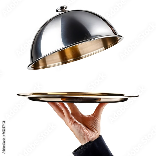 Silver serving cloche raised above empty golden plate, cut out .. white background