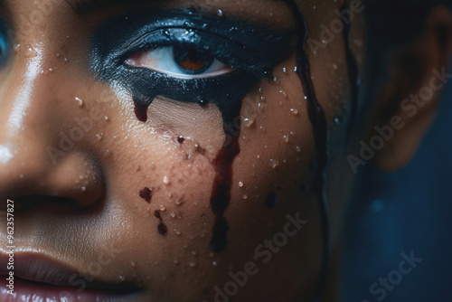 Woman of color with black face paint, joining the fight against violence targeting black women.