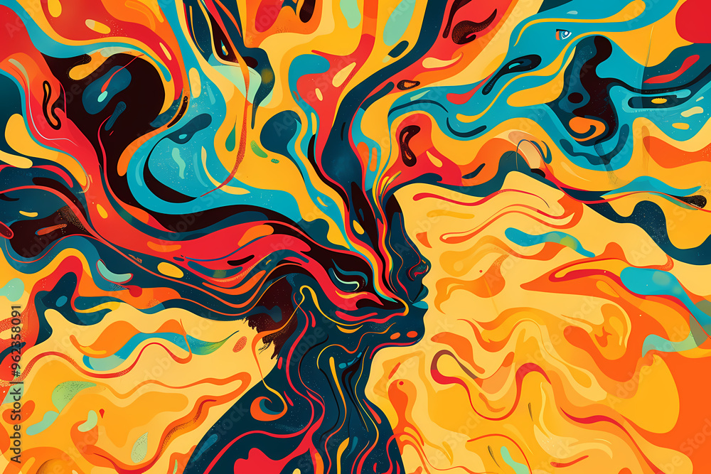 An abstract composition featuring vibrant colors swirling around a silhouette, representing creativity and emotion in a dynamic flow. An abstract composition featuring vibrant colors swirling around a silhouette, representing creativity and emotion in a dynamic flow.