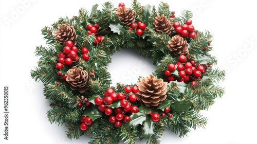 Festive Holiday Wreath with Pinecones and Red Berries on White