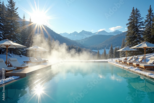 Luxury ski resort outdoor heated pool winter morning