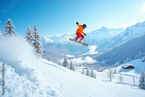 Snowboarder in mid air against snowy mountain backdrop