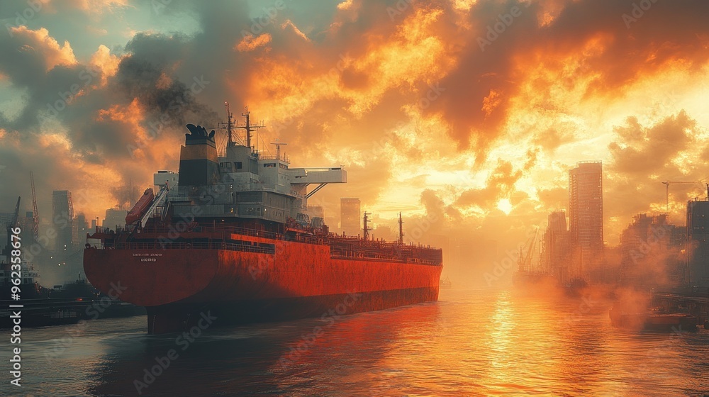 A large red cargo ship sails into a harbor city at sunset, with dramatic clouds and smoke in the air. A large red cargo ship sails into a harbor city at sunset, with dramatic clouds and smoke in the air.