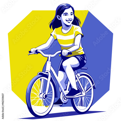  Stylized Illustration of a Smiling Girl Riding a Bicycle in Blue and Yellow