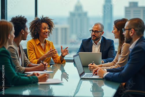 Diverse group of professionals discussing in modern office