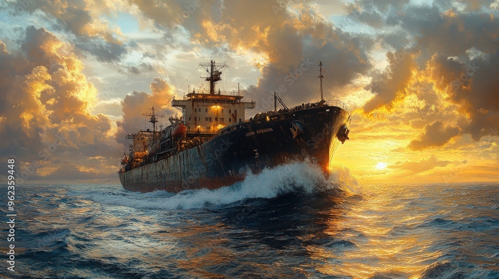 Fototapeta premium A large cargo ship sails through the ocean at sunset with a dramatic sky.