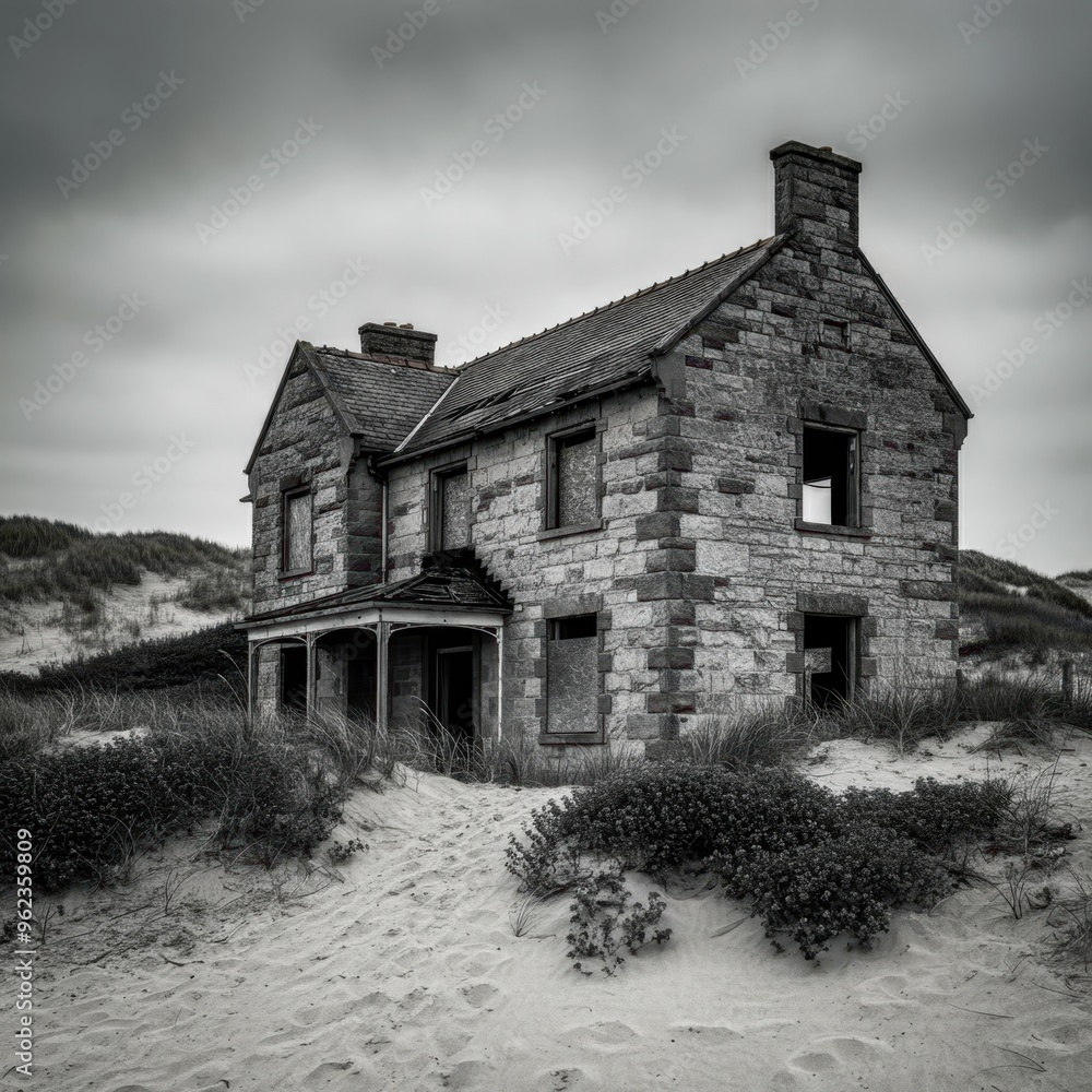 Obraz premium House constructed on the sand vs house constructed on a rock. Parable of the wise and foolish builders. Gospel of Matthew. Hearing Jesus' teachings and putting them into practice.