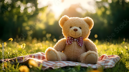 A cute teddy bear sitting on a picnic blanket in a sunlit meadow during a warm afternoon photo