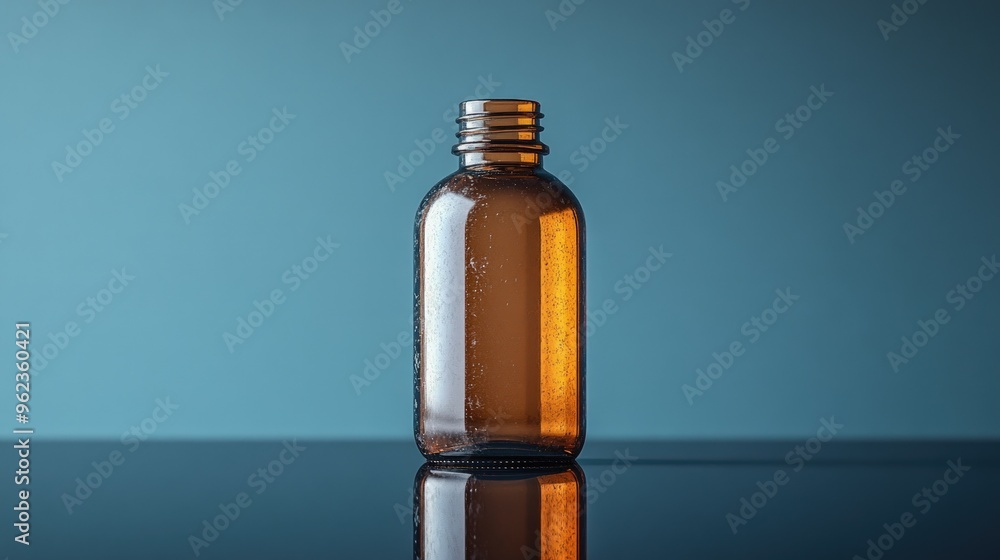 A clear, amber glass bottle with a silver lid, standing on a reflective surface against a blue background. A clear, amber glass bottle with a silver lid, standing on a reflective surface against a blue background.