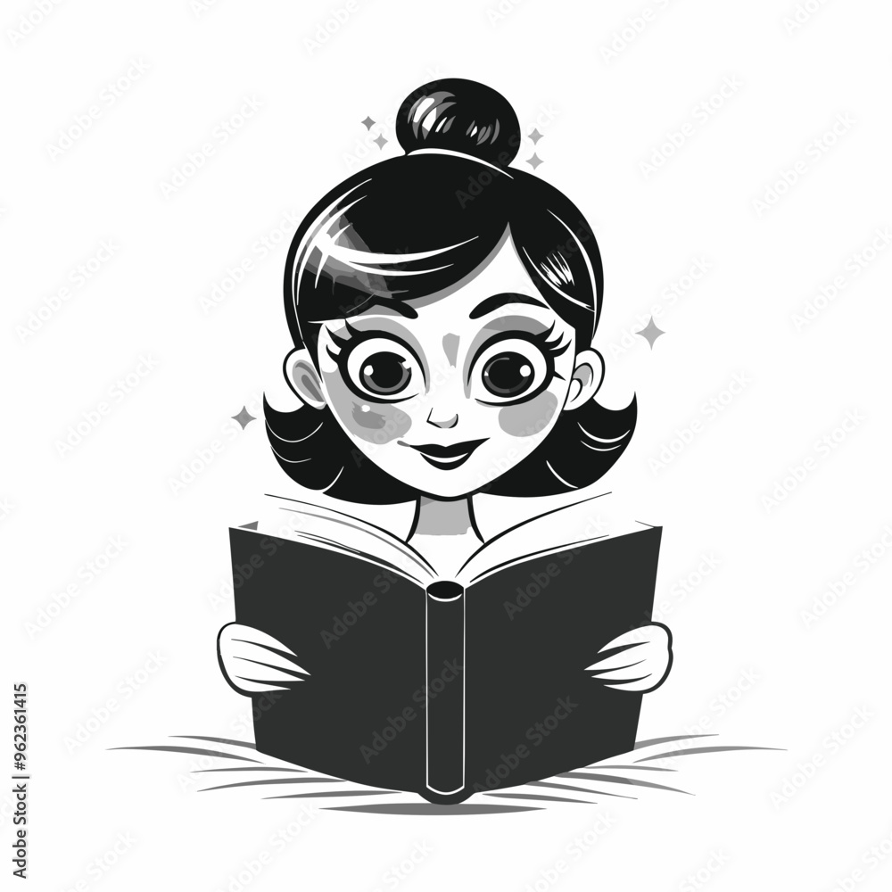 Black and White Cartoon Illustration of a Girl Reading a Book Black and White Cartoon Illustration of a Girl Reading a Book