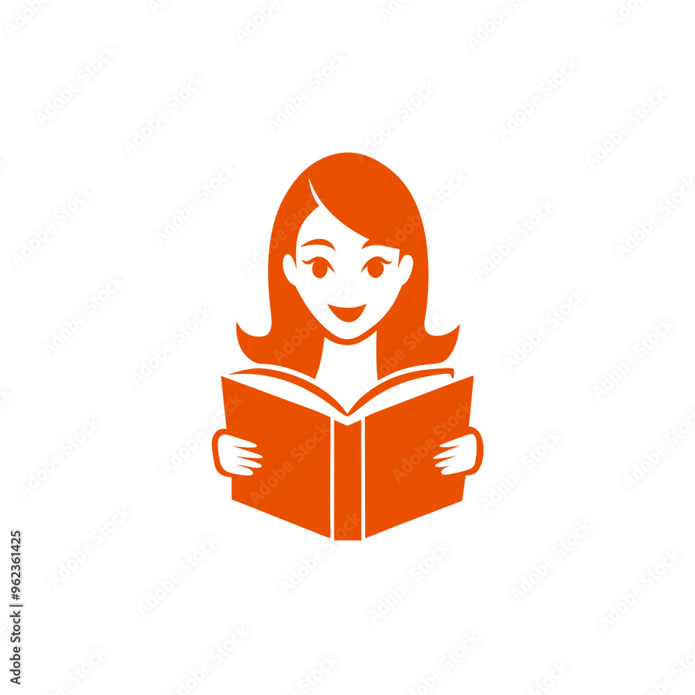 Simple Orange Icon of a Smiling Woman Reading a Book Simple Orange Icon of a Smiling Woman Reading a Book