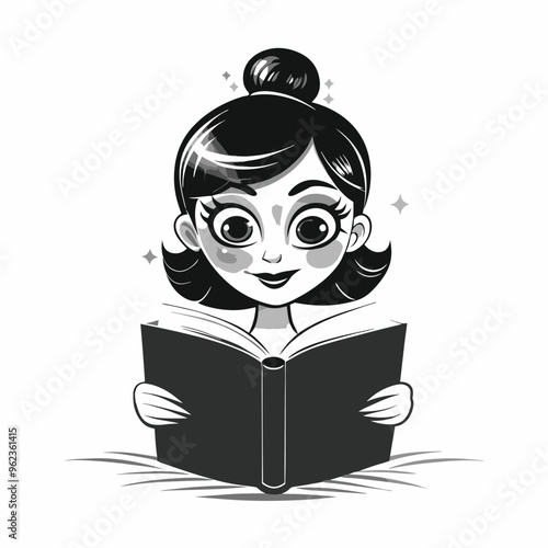 Black and White Cartoon Illustration of a Girl Reading a Book