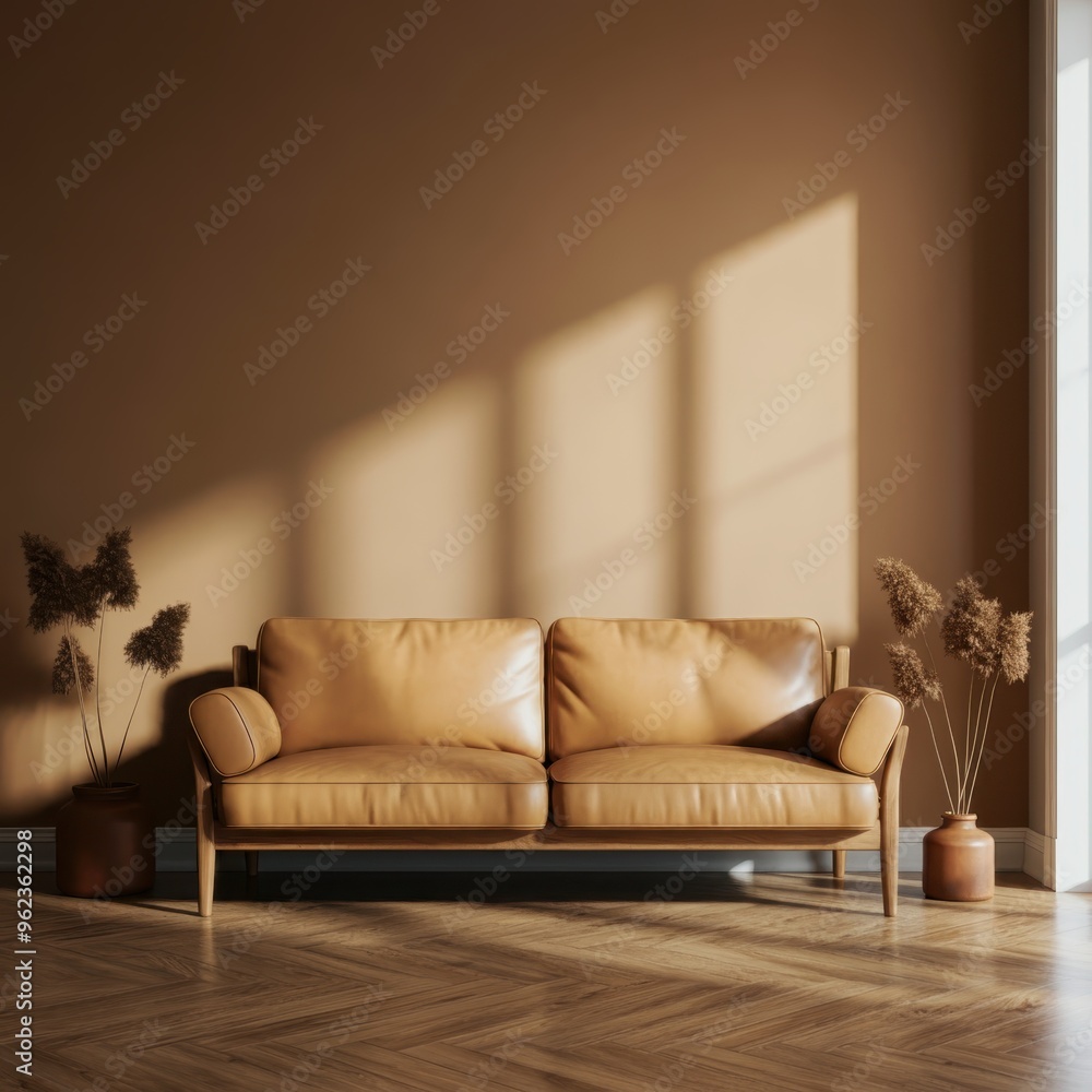 Modern home interior with rattan furniture and dry plant in vase, 3d render Modern home interior with rattan furniture and dry plant in vase, 3d render