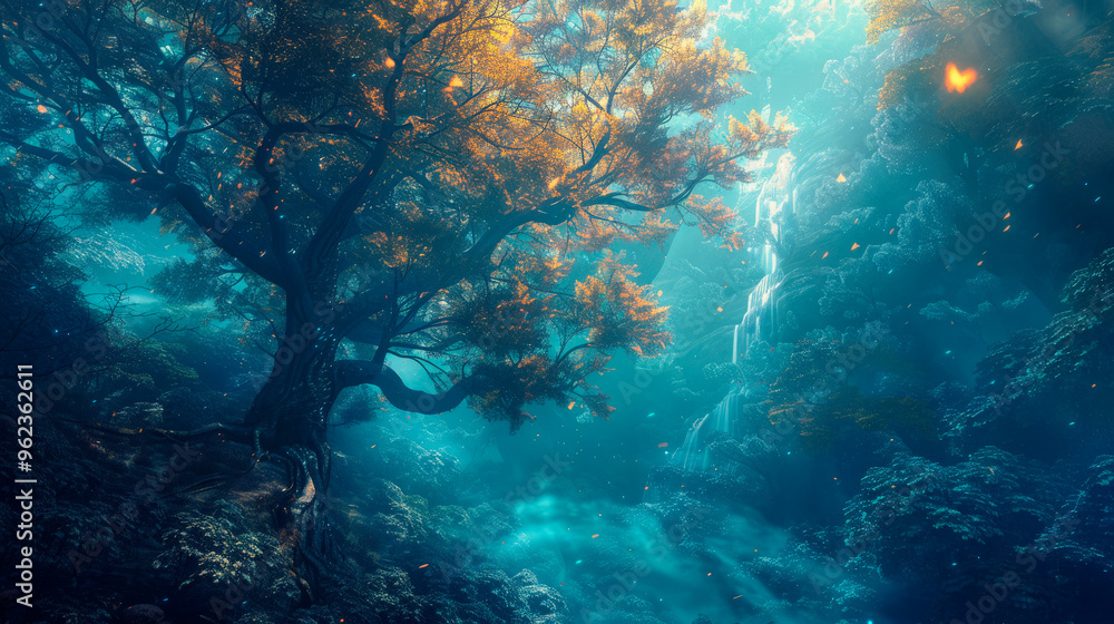 Fototapeta premium In a magical forest, sunlight filters through vibrant leaves, illuminating a tranquil waterfall cascading amidst lush greenery as twilight embraces the landscape
