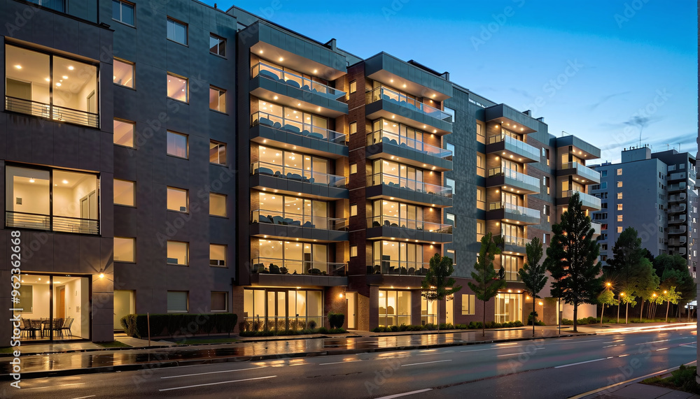 modern newly built apartment complex near the city center in the evening, urban development and inner-city housing shortage modern newly built apartment complex near the city center in the evening, urban development and inner-city housing shortage